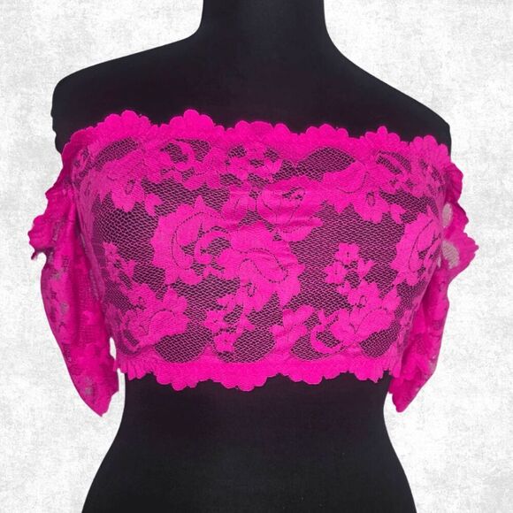 Funky Junque Hot Pink Lace Crop Top – Off Shoulder Festival Rave Sheer OS Fits 1 - Picture 2 of 4